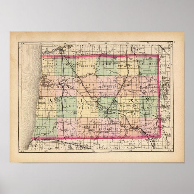 Pôster Mapa do Condado de Alegan, Michigan (Frente)