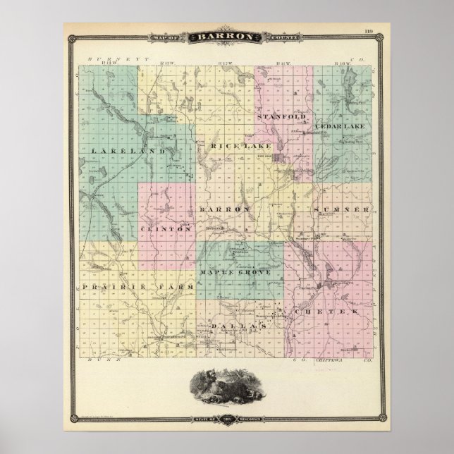 Poster Mapa do Condado de Barron, Estado de Wisconsin (Frente)