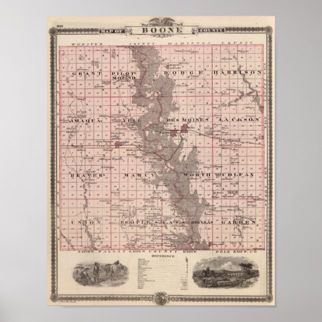 Pôster Mapa do Condado de Boone, Estado de Iowa (Frente)