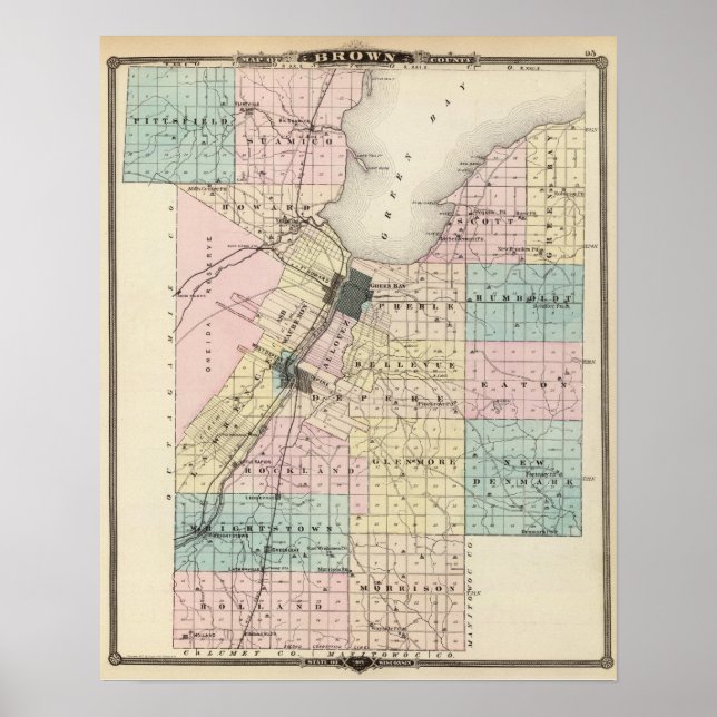 Pôster Mapa do Condado de Brown, Estado de Wisconsin (Frente)