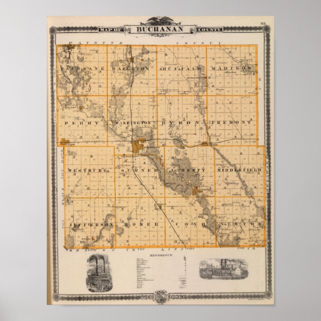 Pôster Mapa do Condado de Buchanan, Estado de Iowa (Frente)