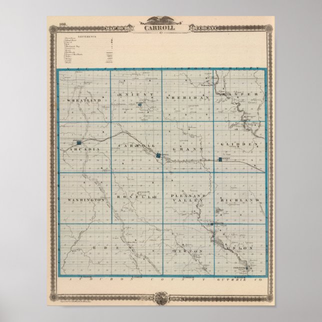 Pôster Mapa do Condado de Carroll, Estado de Iowa (Frente)