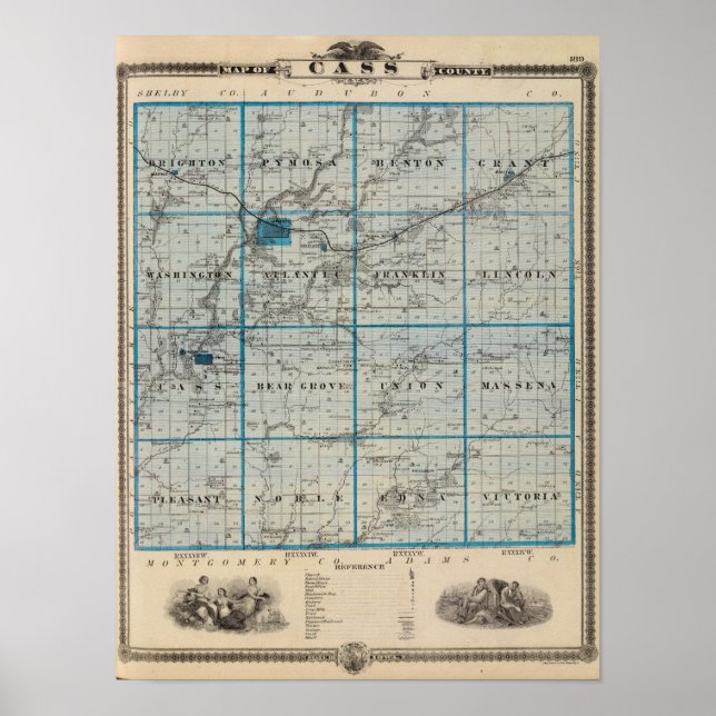 Pôster Mapa do Condado de Cass, Estado de Iowa (Frente)