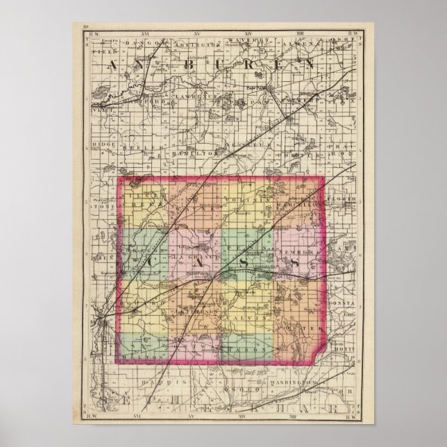 Pôster Mapa do Condado de Cass, Michigan (Frente)