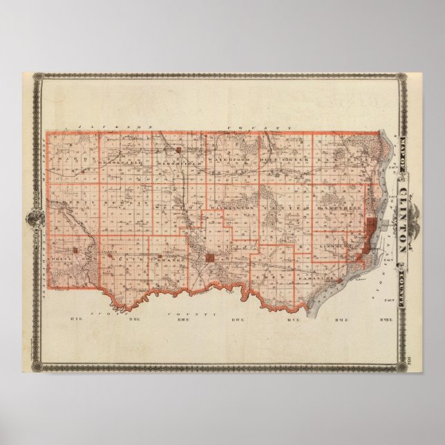 Pôster Mapa do Condado de Clinton, Estado de Iowa (Frente)