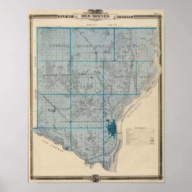 Poster Mapa do Condado de Des Moines, Estado de Iowa (Frente)