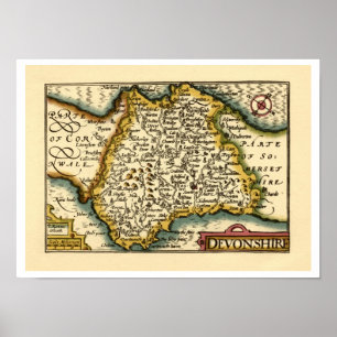 Pôster Mapa do condado de "Devonshire" Devon, Inglaterra