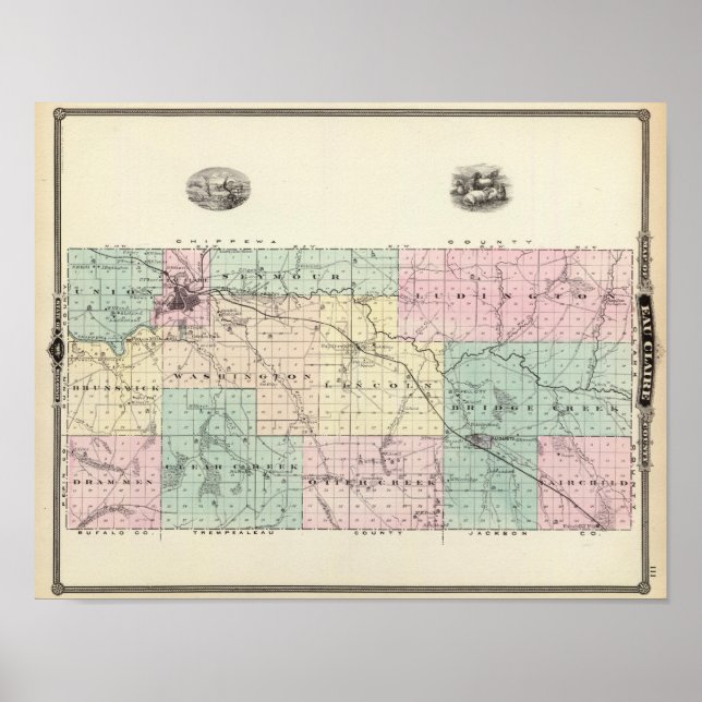 Pôster Mapa do Condado de Eau Claire, Estado de Wisconsin (Frente)