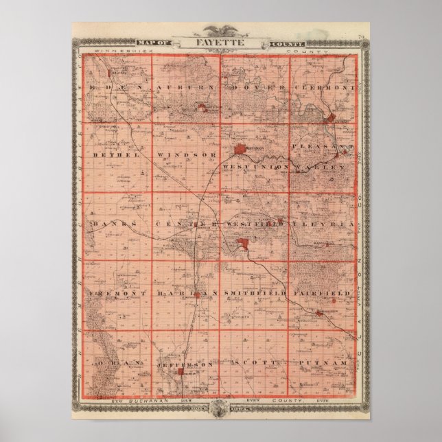 Pôster Mapa do Condado de Fayette, Estado de Iowa (Frente)
