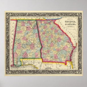 Poster Mapa do condado de Geórgia, e de Alabama