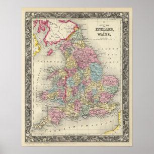 Pôster Mapa do condado de Inglaterra, e de Wales