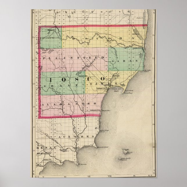 Poster Mapa do Condado de Iosco, Michigan (Frente)