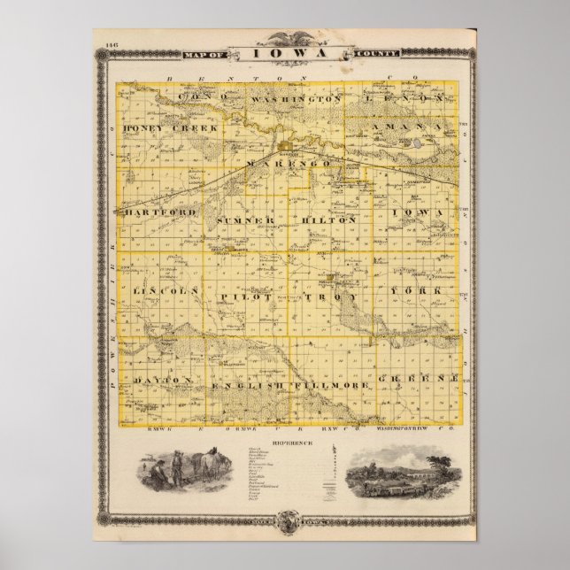 Pôster Mapa do Condado de Iowa, Estado de Iowa (Frente)