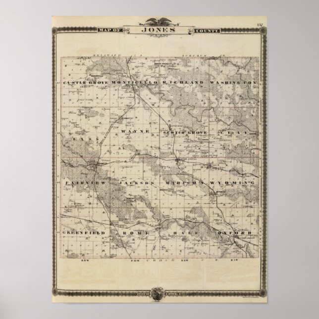Pôster Mapa do Condado de Jones, Estado de Iowa (Frente)