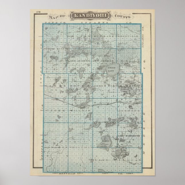 Poster Mapa do Condado de Kandiyohi, Minnesota (Frente)