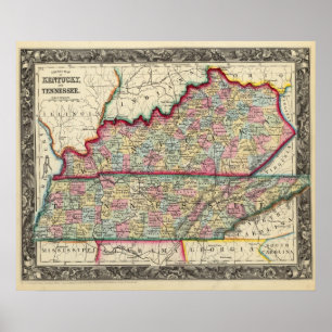 Pôster Mapa do condado de Kentucky, e de Tennessee