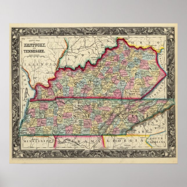 Pôster Mapa Do Condado De Kentucky E Tennessee (Frente)