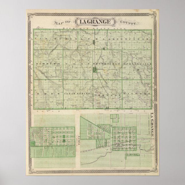 Pôster Mapa do condado de Lagrange com La Grange, Lima (Frente)