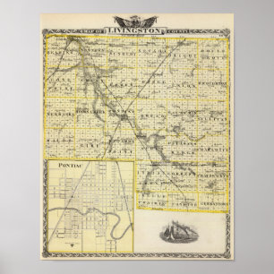 Poster Mapa do Condado de Livingston e de Pontiac