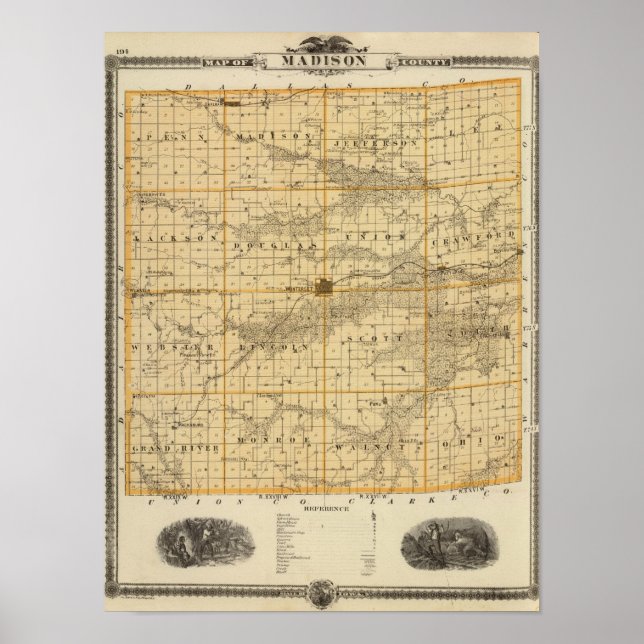 Pôster Mapa do Condado de Madison, Estado de Iowa (Frente)