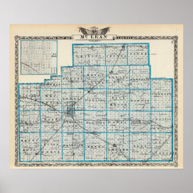Pôster Mapa do Condado de McLean e de Le Roy (Frente)