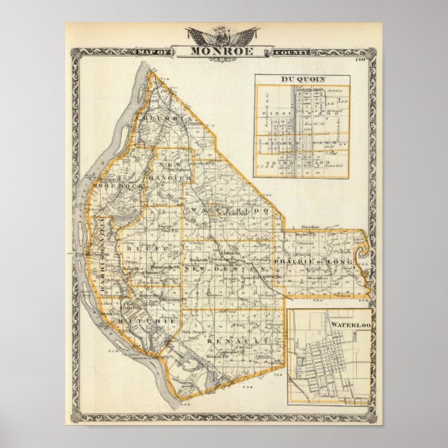 Pôster Mapa do condado de Monroe, DuQuoin e Waterloo (Frente)