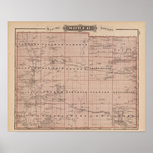 Pôster Mapa do Condado de Mower, Minnesota (Frente)