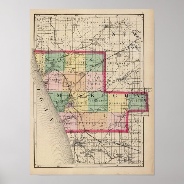 Poster Mapa do Condado de Muskegon, Michigan (Frente)