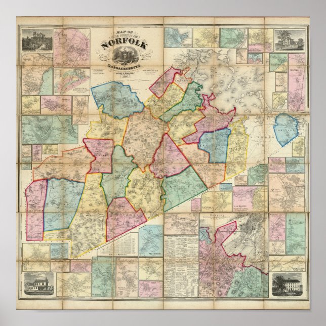 Pôster Mapa do Condado de Norfolk, Massachusetts (Frente)