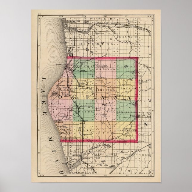 Pôster Mapa do Condado de Oceana, Michigan (Frente)