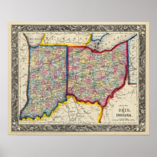 Poster Mapa Do Condado De Ohio E Indiana (Frente)