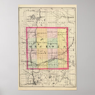 Pôster Mapa do Condado de Osceola, Michigan