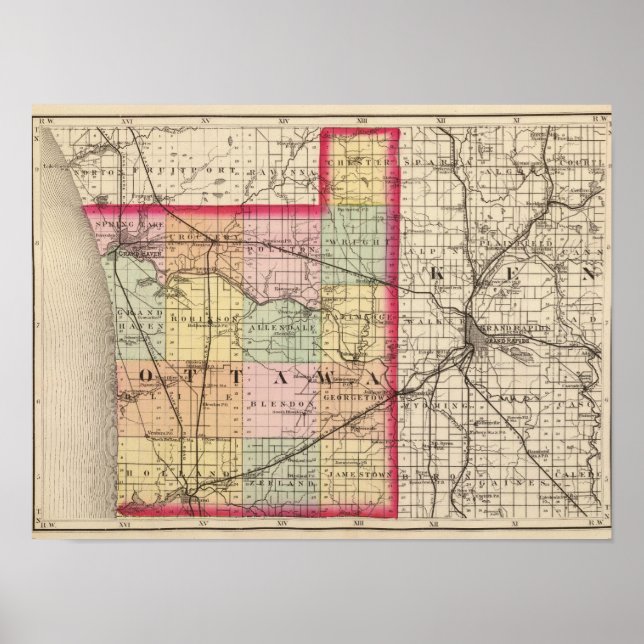 Pôster Mapa do Condado de Ottawa, Michigan (Frente)