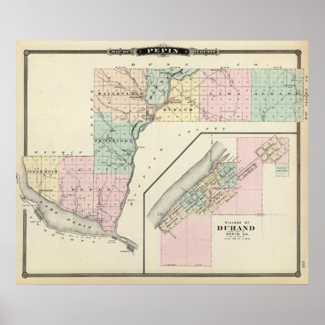 Pôster Mapa do Condado de Pepin e da Aldeia de Durand (Frente)