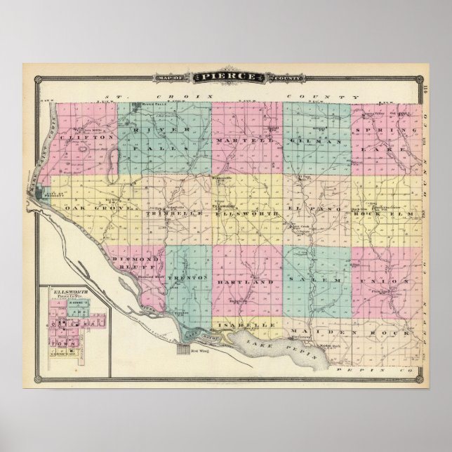 Pôster Mapa do Condado de Pierce e Ellsworth (Frente)