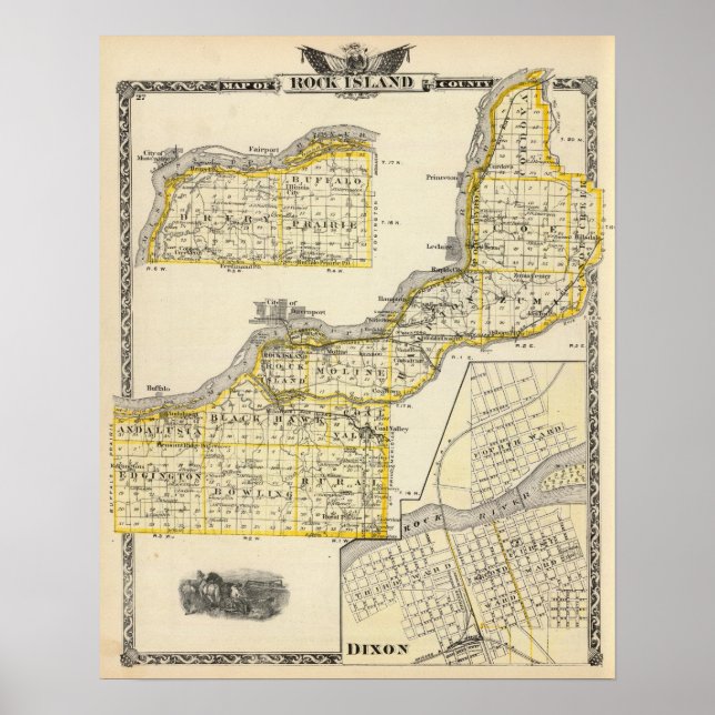 Pôster Mapa do Condado de Rock Island e de Dixon (Frente)