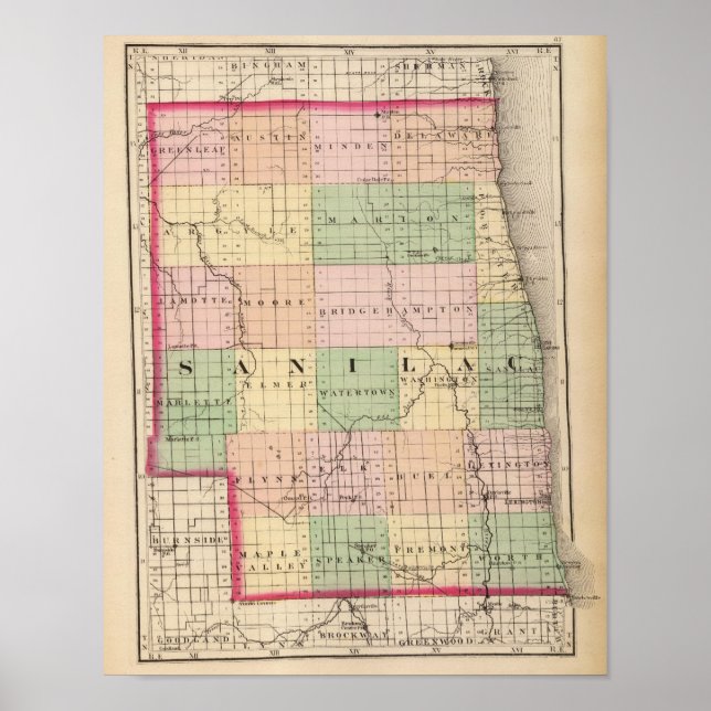 Pôster Mapa do Condado de Sanilac, Michigan (Frente)