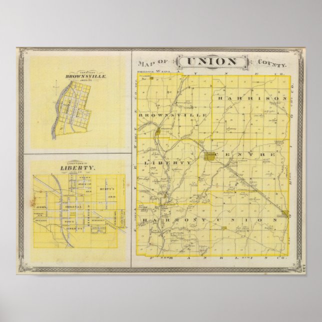 Poster Mapa do Condado de Union com Brownsville, Liberdad (Frente)