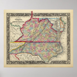 Poster Mapa do condado de Virgínia, e de North Carolina