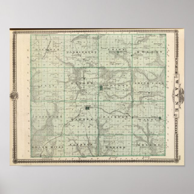 Poster Mapa do Condado de Wayne, Estado de Iowa (Frente)