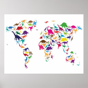 Pôster Mapa do dinossauro do mapa do mundo