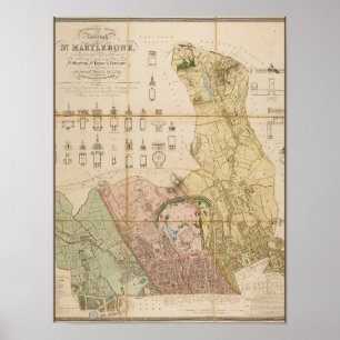 Poster Mapa do distrito de Marylebone (Londres) de 1834