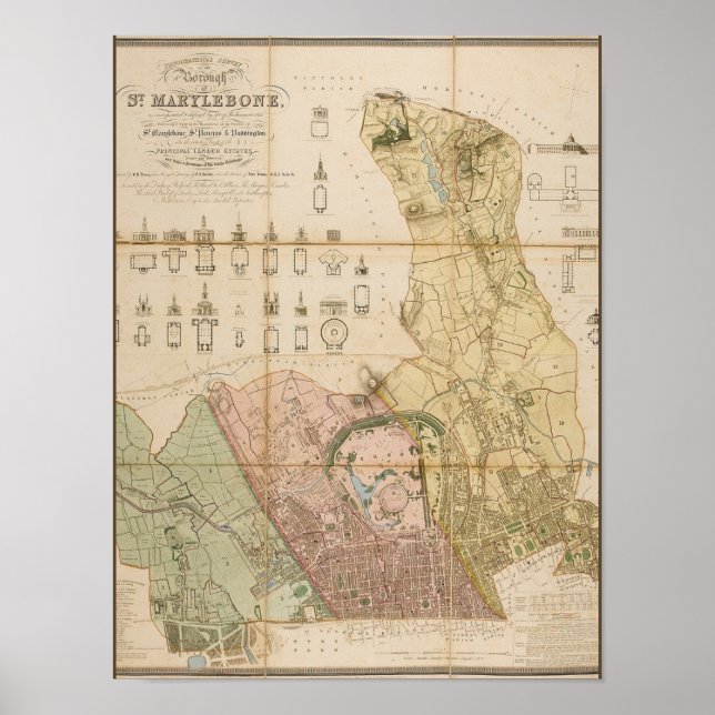 Poster Mapa do distrito de Marylebone (Londres) de 1834 (Frente)