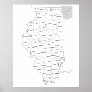 Pôster Mapa do esboço do estado de Illinois com condados