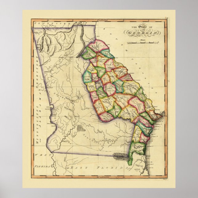 Poster Mapa do Estado da Geórgia (cerca de 1810) (Frente)