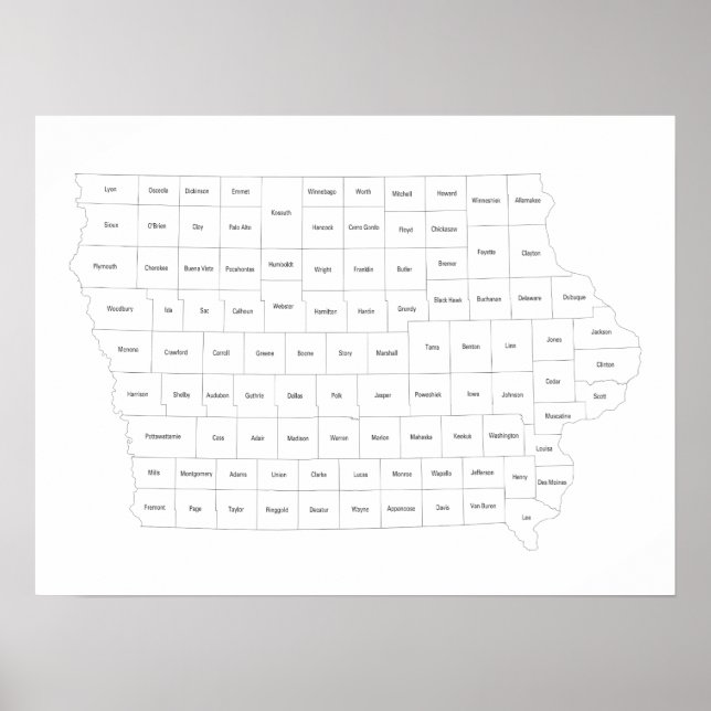 Poster Mapa do Estado de Iowa com contornos e nomes de co (Frente)