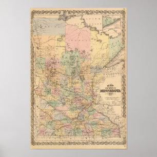 Poster Mapa do estado de Minnesota, 1874