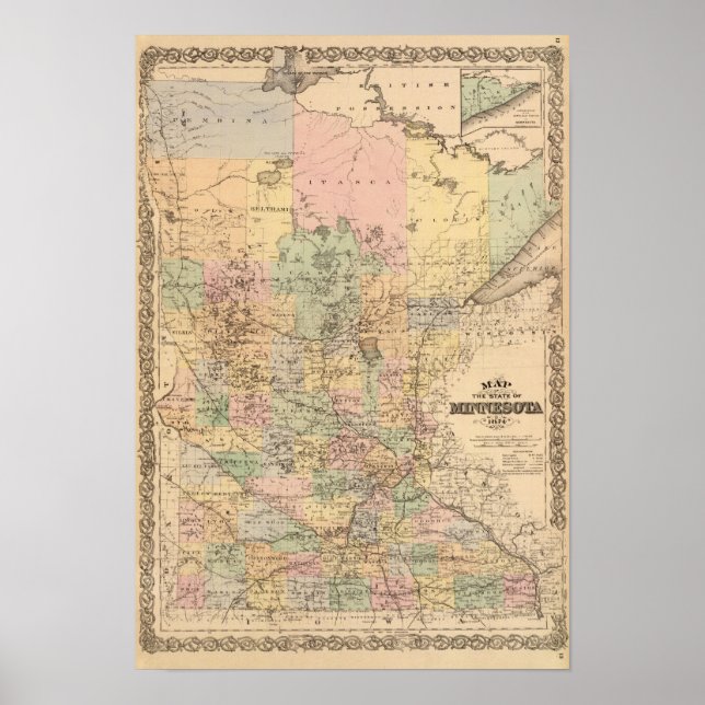 Poster Mapa do Estado de Minnesota, 1874 (Frente)