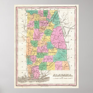 Poster Mapa do Estado de Vintage, Alabama (1827)