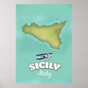 Poster Mapa do estilo de colheita da Sicília Itália